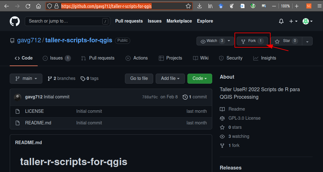 Vista en GitHub del botón de Fork