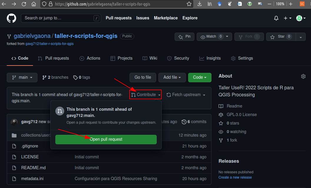 Vista en GitHub de botones de Contribuir y Abrir un Pull Request